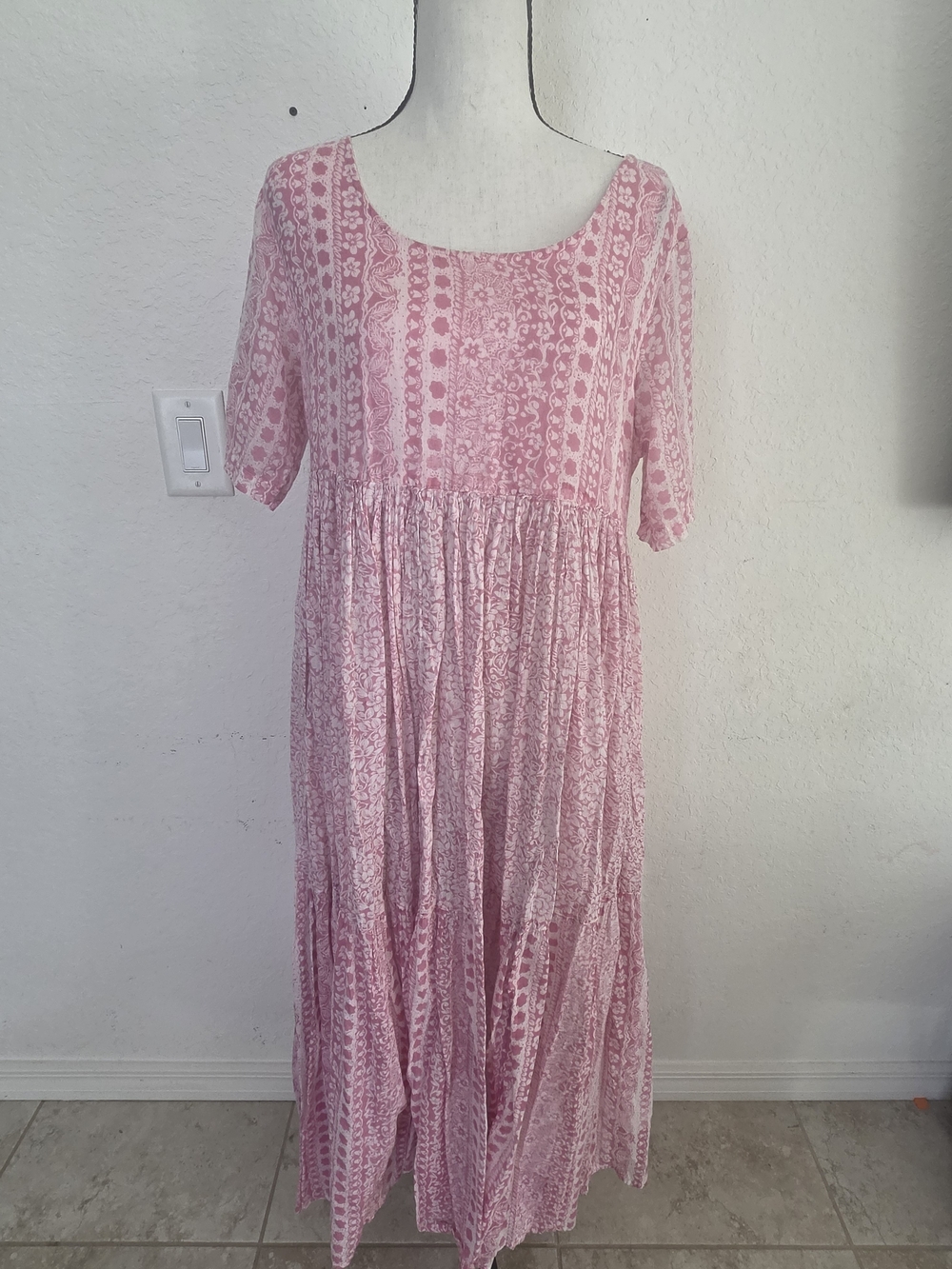 Bila Vintage Pink Floral Block Print Dress Medium Cotton Tiered Boho Cottagecore